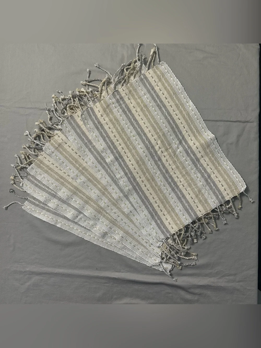 Pier 1 Imports Striped Woven Placemats Cotton Metallic Fringe Boho Cream Set 6